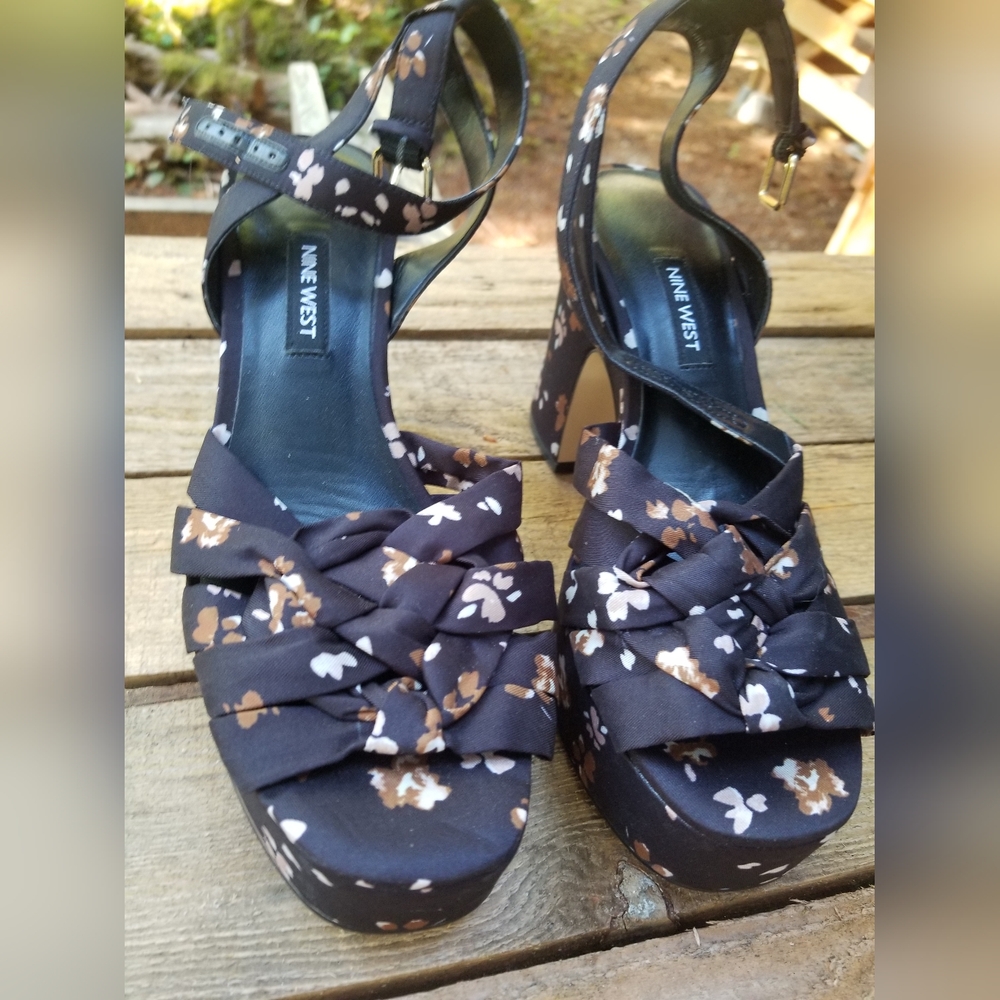Size 7.5 High Heel Shoes Nine West Cherry Blossom Blacks Straps Buckles Ladies